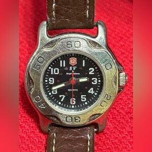 SV by SERGIO VALENTE Quartz Watch Black Dial Brown Leather Band NEW BATTERY